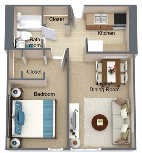 Floor plan for 1 bed, 1 bath, 754 sqft